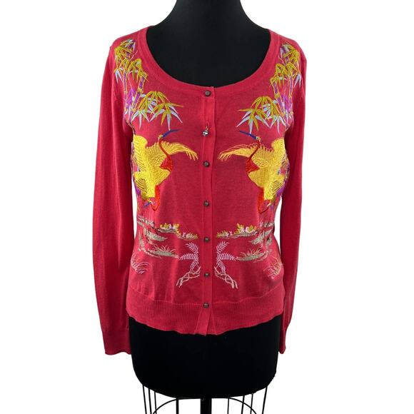 Soft Surroundings Pink XS Cardigan Sweater Embroidered Cranes Birds Long Sleeve - Picture 1 of 10